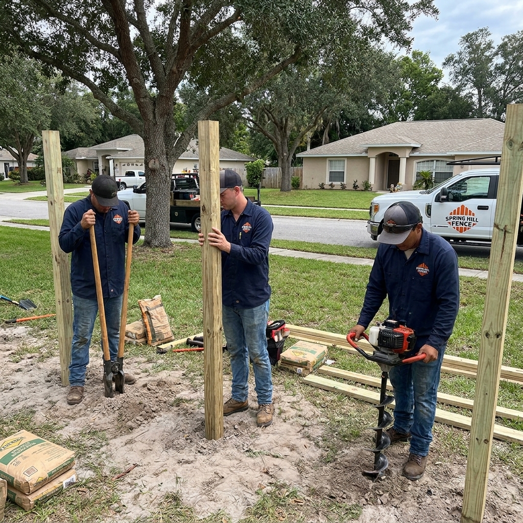 Spring Hill Fence Company crew setting fence posts