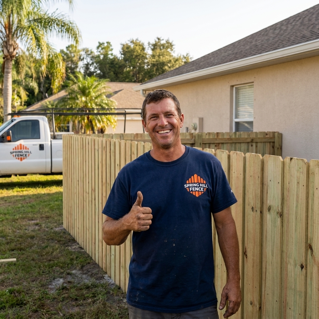 Spring Hill Fence Company contractor giving a thumbs up on a finished fence