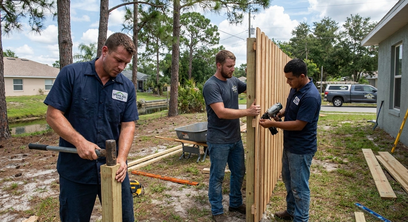 Spring Hill Fence Company crew installing a wood privacy fence